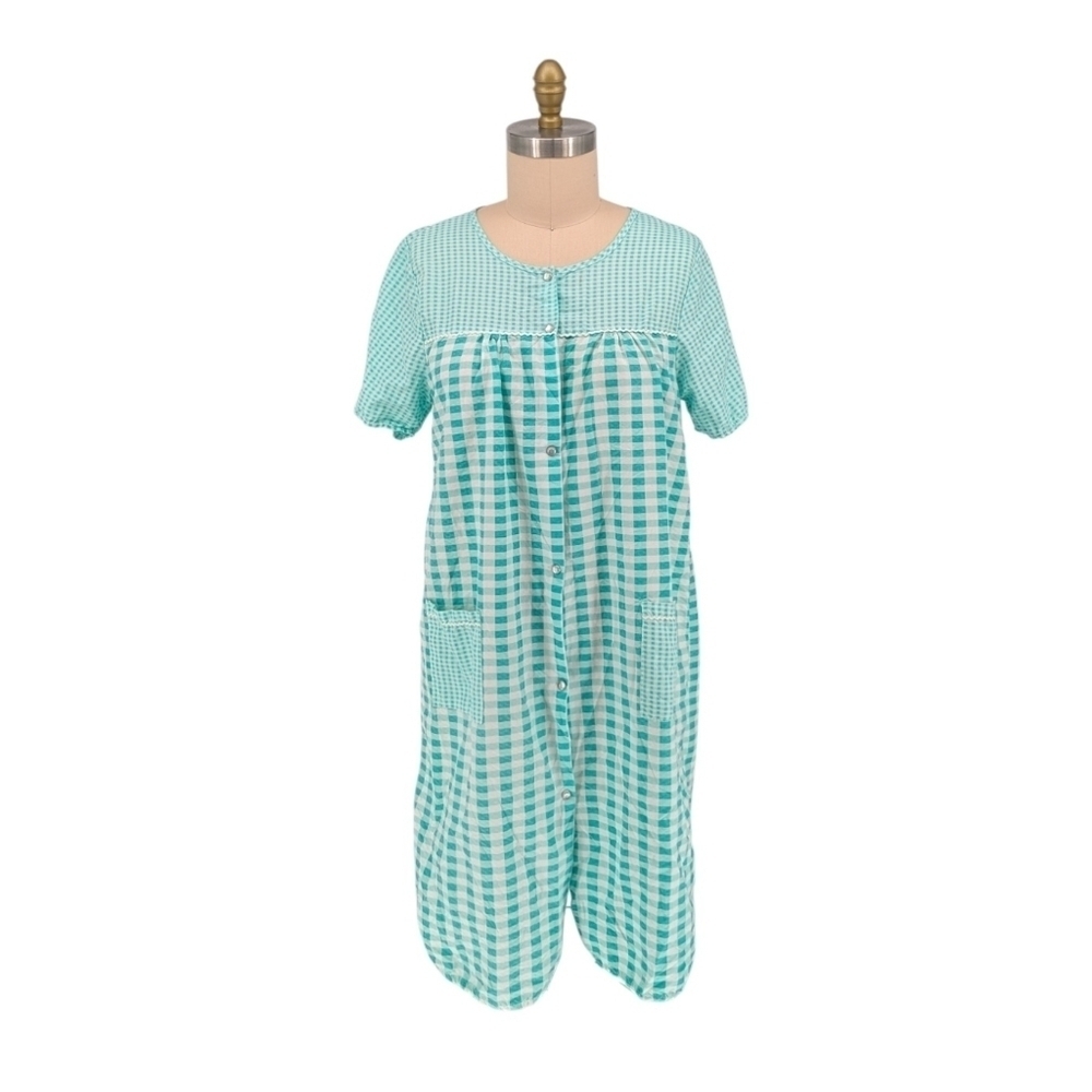 Women's Casual Nights Gingham Sleep Dress Turquoise White L cottagecore intimate